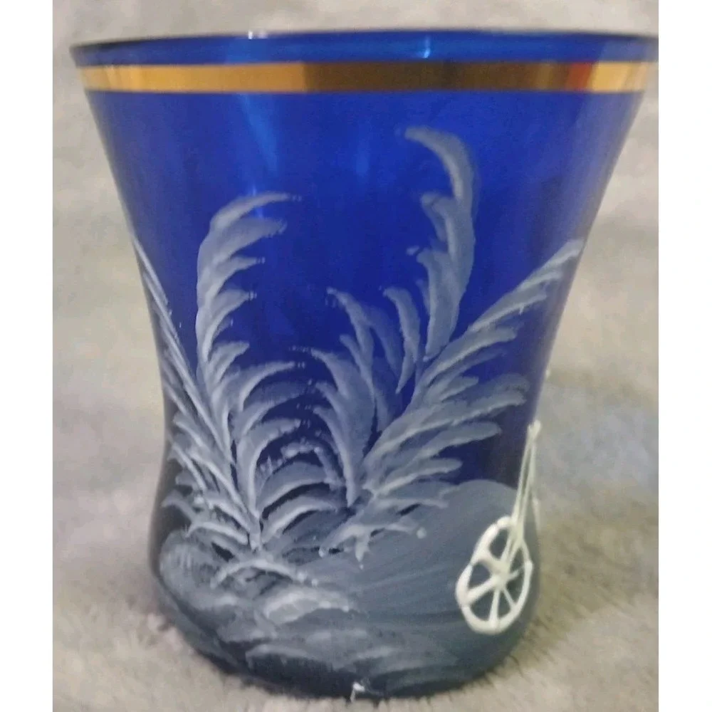 Vtg Mary Gregory Toothpick Holder Cobalt Blue Glass Child Bicycle Hand Painted‎